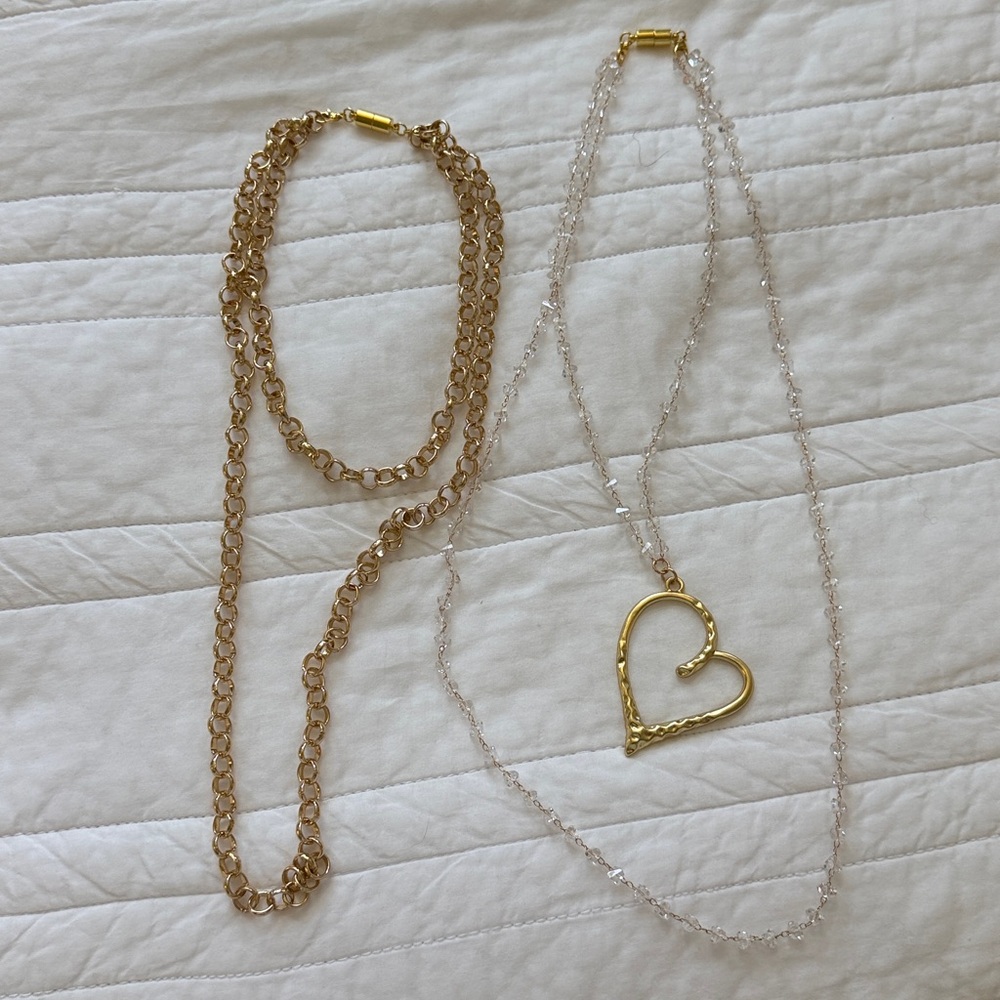 2 Multi-Style necklaces Gold Heart Pendant w/ Crystals &long gold chain. - Picture 12 of 13